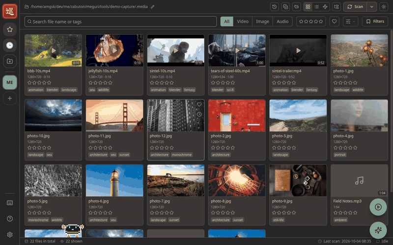 Four files selected, then rated, favorited and tagged from the selection bar