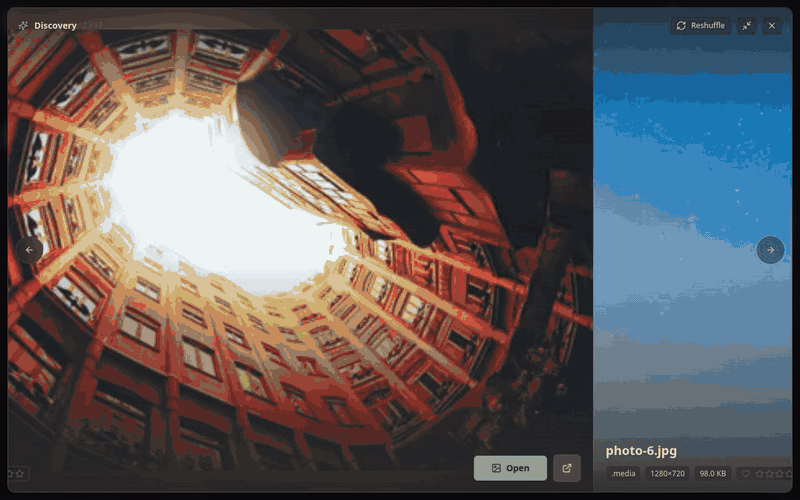 Discovery — immersive random picks with a scene-preview rail and reshuffle