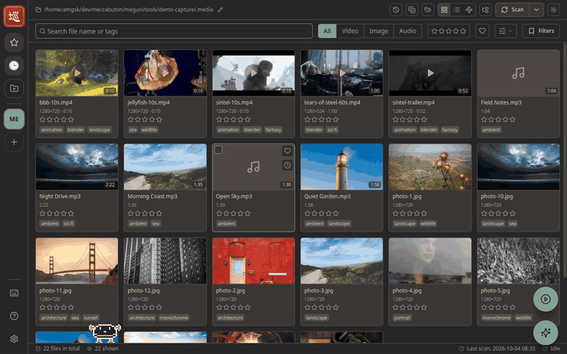 The library shown by folder — opening a folder, going back up, and jumping to another from the breadcrumb menu