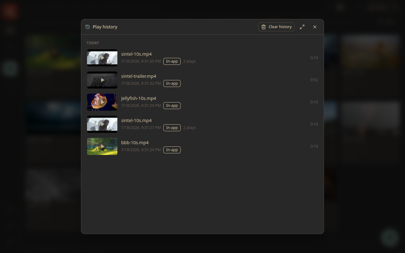 The play-history view — a day-grouped timeline of everything you've played